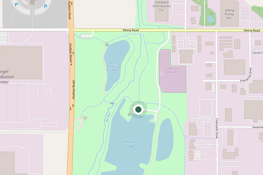 Street map of Prairie Lakes Park with the meeting point marked: Lakeside lot by the shelter, off Viking Road.